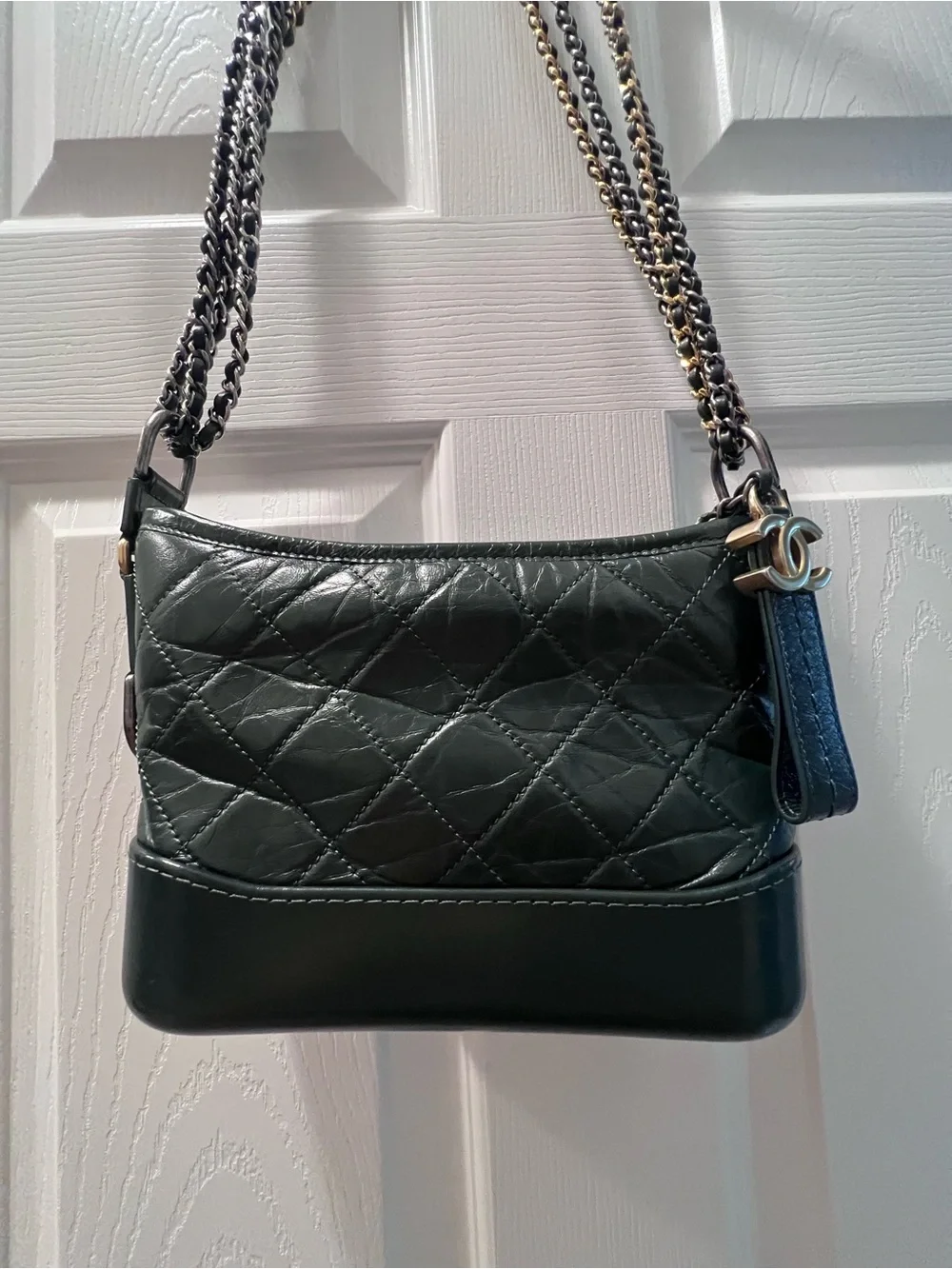CHANEL Gabrielle Green Quilted Lambskin Chain Strap Crossbody with Gold CC Charm